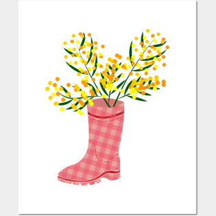 Rubber boots Wellies pink checkered Wellington boots and mimosa flower Posters and Art